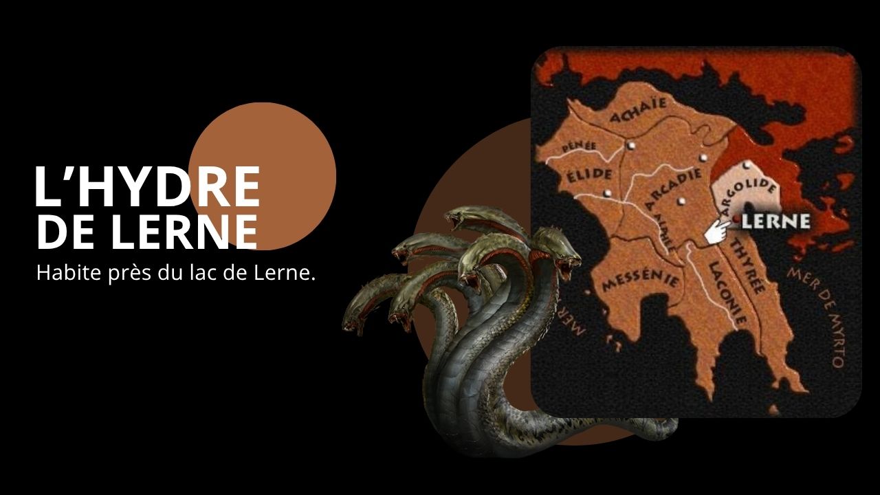 Carte stylisée de la péninsule du Péloponnèse en Grèce, mettant en évidence les régions d'Achaïe, Élide, Arcadie, Messénie, Laconie, Thyrée et Argolide, avec l'emplacement de Lerne pointé par une main.