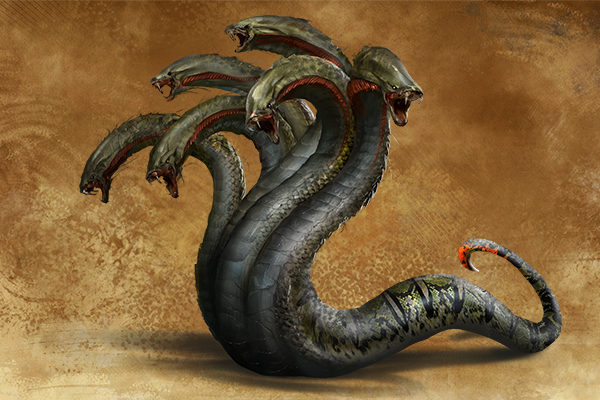 Illustration d'une Hydre à plusieurs têtes reptiliennes émergeant d'un marécage brumeux, aux écailles verdâtres et aux gueules béantes.